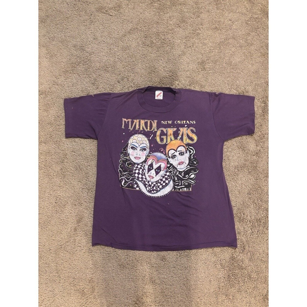 VTG 90's Mardi Gras Jerzees Graphic T-Shirt Adult Large Single Stitch USA Purple